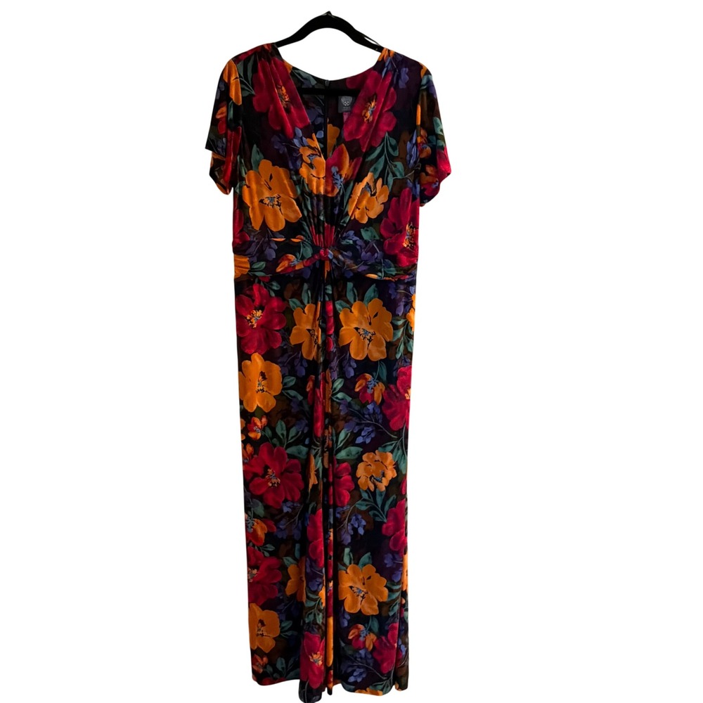 Vince Camuto Maxi Dress 1X Multi-Color Floral Knot Front V-Neck Pockets